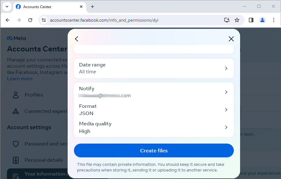 Ändern Sie das Format in JSON und ändern Sie den Datenbereich und die Medienqualität